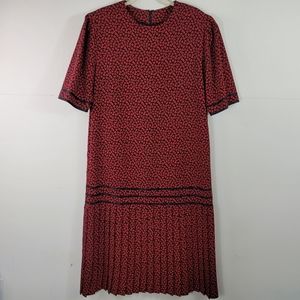 Red Leaf Print Drop Waist Pleated Dress - Modest